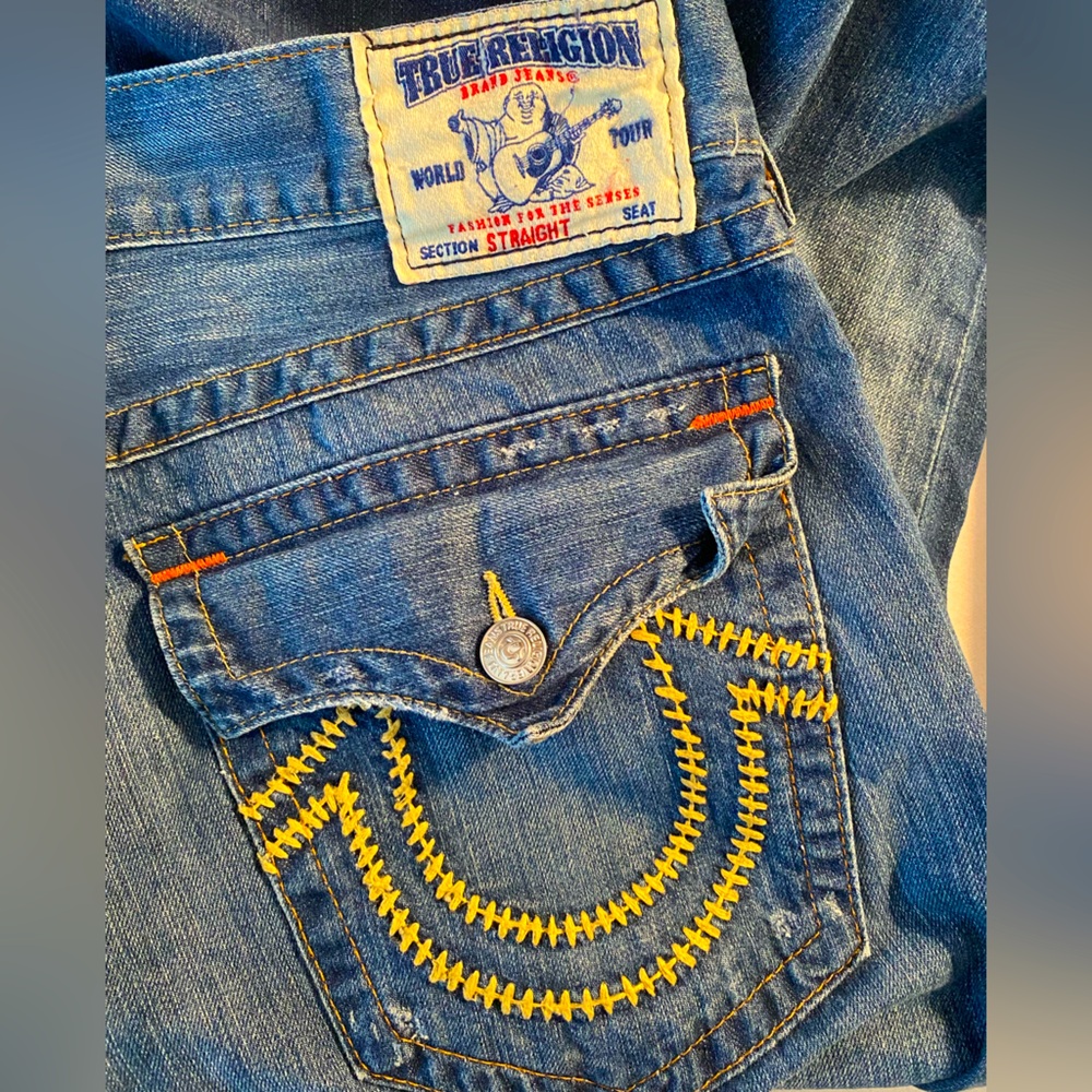 True Religion Blue Jeans with Yellow Stitching